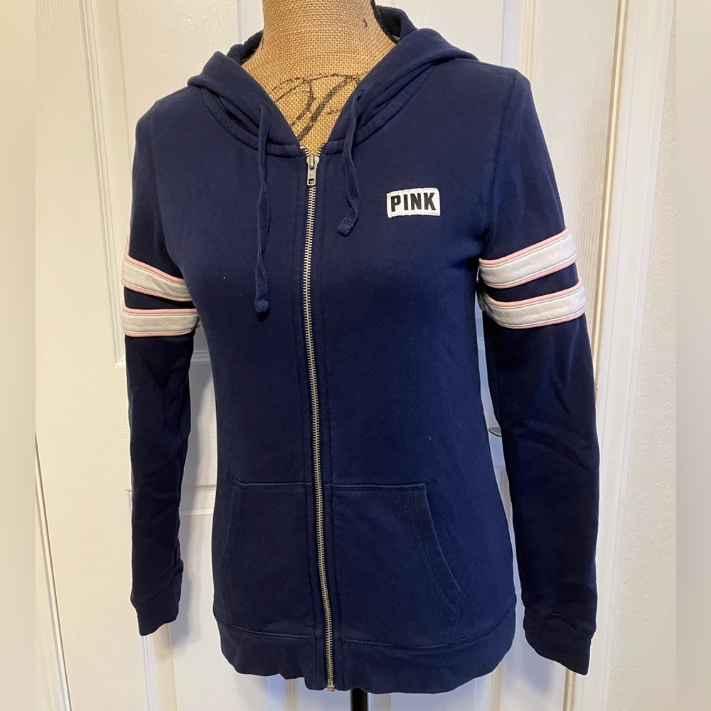 PINK Victoria’s Secret navy cotton full zip striped sleeve Varsity sporty hoodie